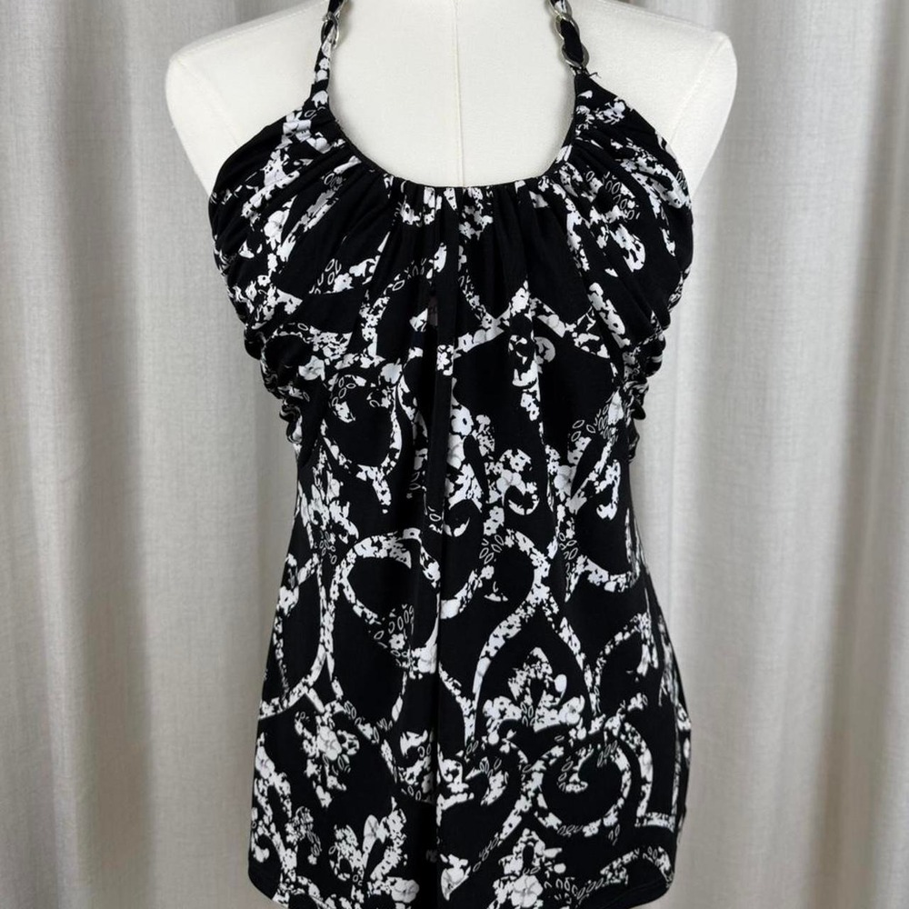White House Black Market Vintage Black White Halter Ruffle Top XS Chain Detail